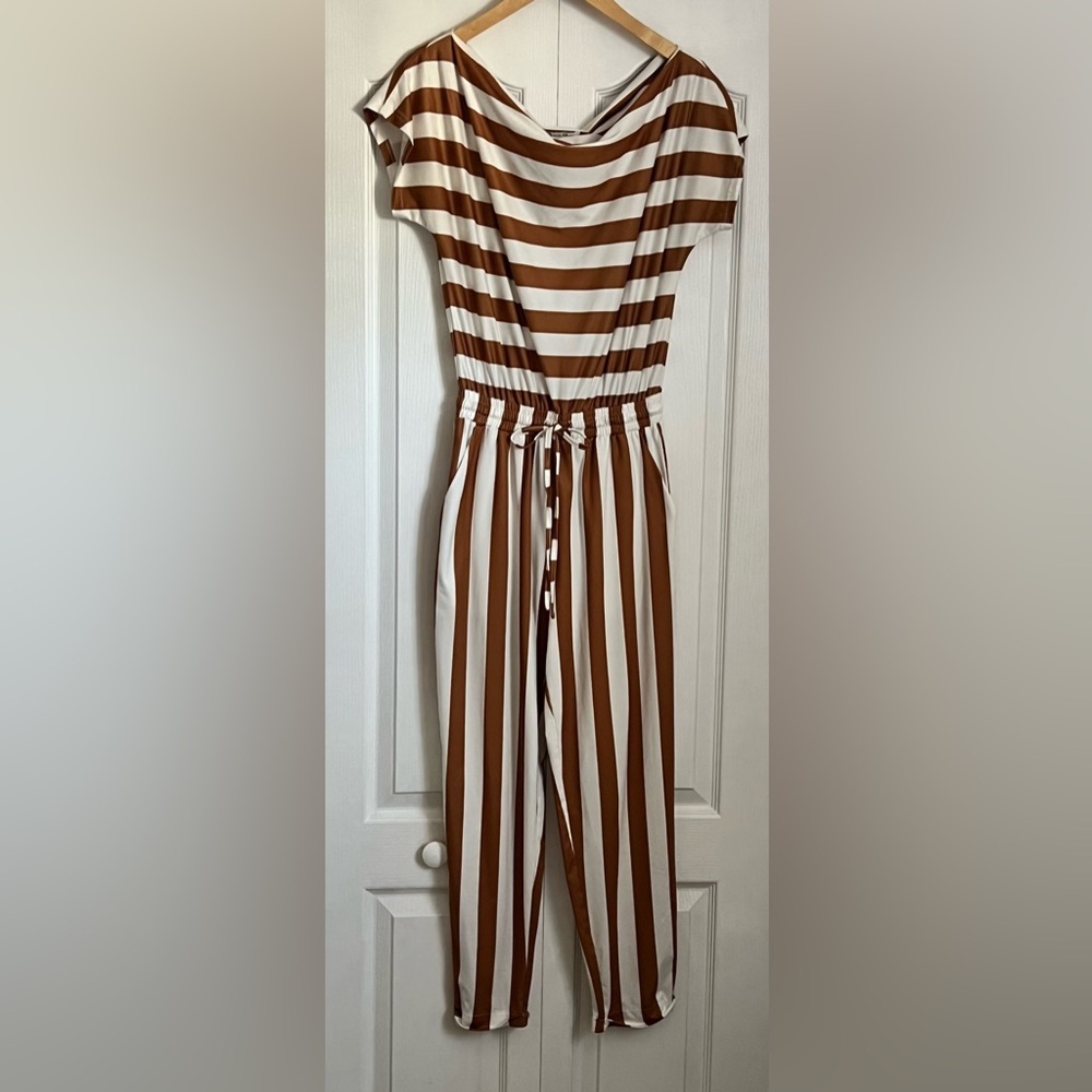 Striped Brown and White Jumpsuit - Picture 4 of 5